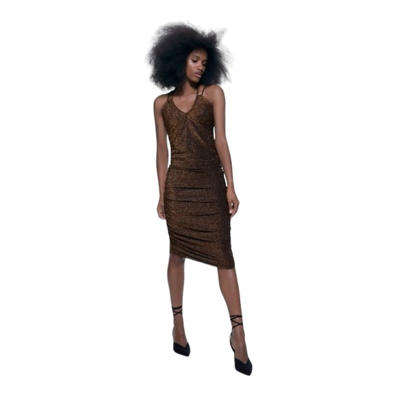 ZARA Gold Metallic Strappy Ruched Midi Slip Dress Small Blogger Favorite - Picture 2 of 14